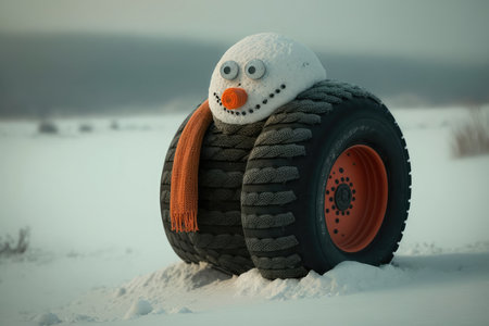snowman wearing funny character tires, with carrot nose and coal eyes, created with generative aiの素材