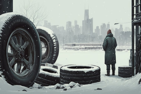 person, changing tires in snowy parking lot, with view of the city in the background, created with generative aiの素材