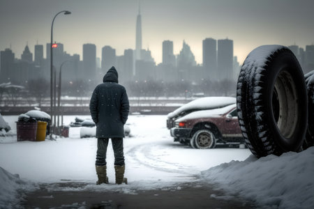 person, changing tires in snowy parking lot, with view of the city in the background, created with generative aiの素材