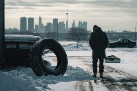 person, changing tires in snowy parking lot, with view of the city in the background, created with generative aiの素材