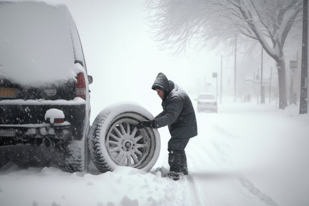 person, changing tires on car in the middle of winter storm, created with generative aiの素材