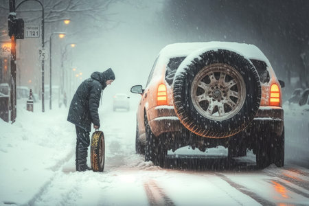 person, changing tires on car in the middle of winter storm, created with generative aiの素材