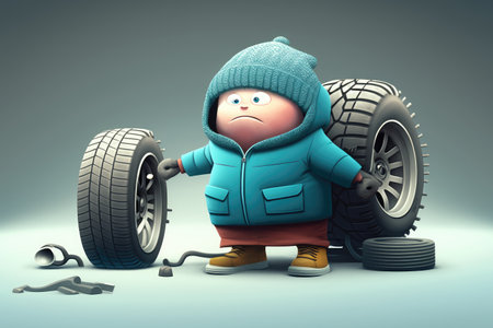 humorous character, dressed in warm winter gear, changing tires on car, created with generative aiの素材
