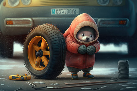 humorous character, dressed in warm winter gear, changing tires on car, created with generative aiの素材