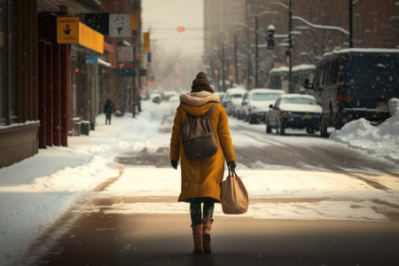 woman, with purse and other belongings in hand, walking across slippery street in winter, created with generative aiの素材