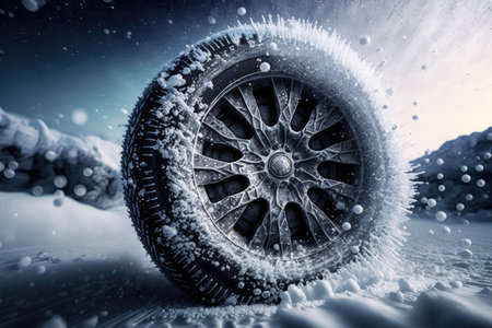 close-up of tire with snowflakes and ice crystals, set against snowy landscape, created with generative aiの素材