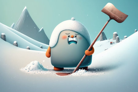 funny character, with snow shovel, clearing the way through the snowy landscape, created with generative aiの素材