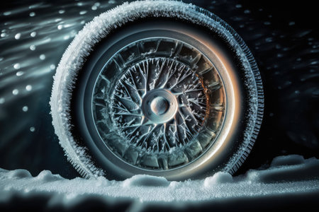 close-up of car tire, with snow and ice visible, created with generative aiの素材