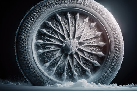 close-up of tire with ice crystals and snowflakes visible on surface, created with generative aiの素材