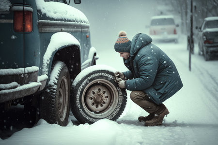 person, changing tires on car during snowy winter day, created with generative aiの素材