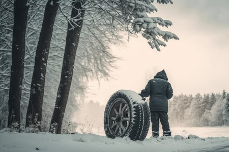 person, changing tires on wintery day, with view of snowy forest visible in the background, created with generative aiの素材
