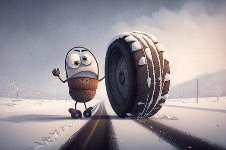 humorous cartoon character with sketchy or missing tires driving on snowy road, created with generative aiの素材