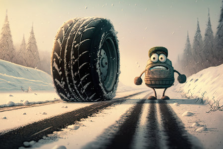 humorous cartoon character with sketchy or missing tires driving on snowy road, created with generative aiの素材