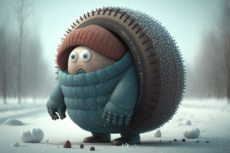 funny character with new winter tire, preparing for snowy season, created with generative aiの素材