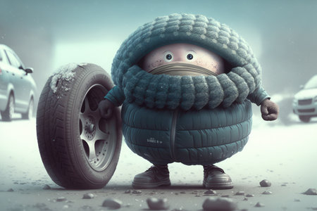 funny character with new winter tire, preparing for snowy season, created with generative aiの素材