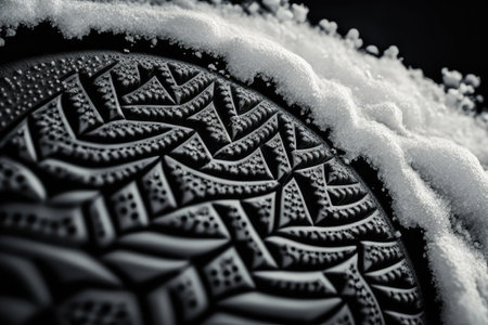 close-up of the tread pattern on a winter tire, with snow and ice visible, created with generative aiの素材