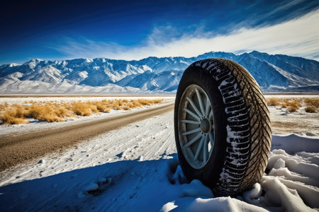 winter tire, with a view of snowy mountains and blue skies in the background, created with generative aiの素材