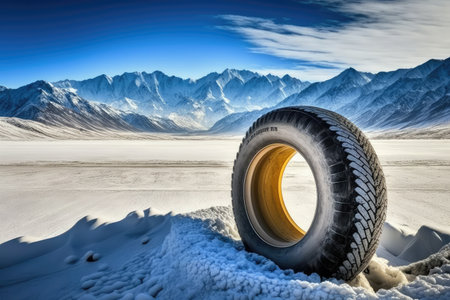 winter tire, with a view of snowy mountains and blue skies in the background, created with generative aiの素材