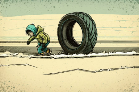 person, slipping and sliding on icy road, with rubber band tires, created with generative aiの素材