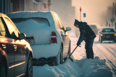 person, with shovel in hand, clearing snow from their cars tires before departing on winter journey, created with generative aiの素材