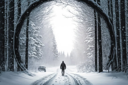 winter tire, with a view of snowy forest, and person walking on the trail, created with generative aiの素材