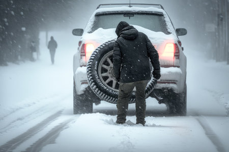 person, changing tires on car in the middle of winter storm, created with generative aiの素材