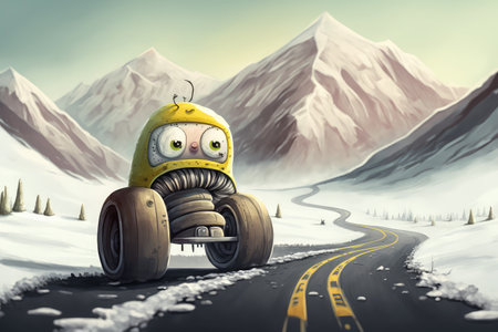 funny character, driving car with its tires on snowy road, with view of mountain in the background, created with generative aiの素材