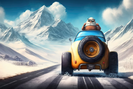 funny character, driving car with its tires on snowy road, with view of mountain in the background, created with generative aiの素材