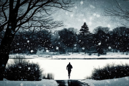 person, running in park, with view of frozen pond and snow-covered trees, created with generative aiの素材