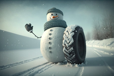 snowman with tire on his arm, ready to throw a snowball fight, created with generative aiの素材