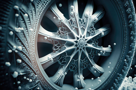 close-up of tire, with snowflakes and ice crystals visible, created with generative aiの素材