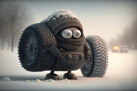 funny character with a pair of black winter tires, driving on snowy road, created with generative aiの素材