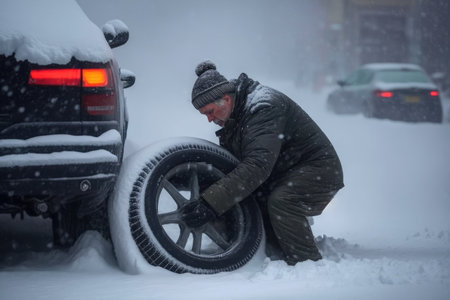 a person, trying to change his tire in the blizzard, but cant do it without help, created with generative aiの素材