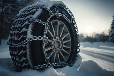 close-up of snow chains on tires, with a snowy background, created with generative aiの素材