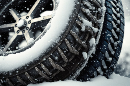 close-up of snow chains on tires, with a snowy background, created with generative aiの素材