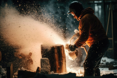 a person, with a chainsaw and sawdust, chopping logs for winter fire, created with generative aiの素材