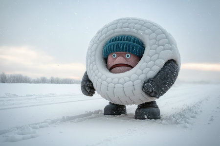 funny character, struggling with frozen tire, on snowy road, created with generative aiの素材