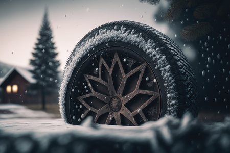 close-up of car tire, with snowflakes falling and a cozy cabin visible in the background, created with generative aiの素材