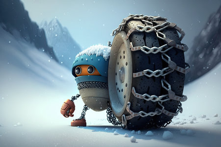 funny character with tire chains on its wheels, navigating snowy mountain road, created with generative aiの素材