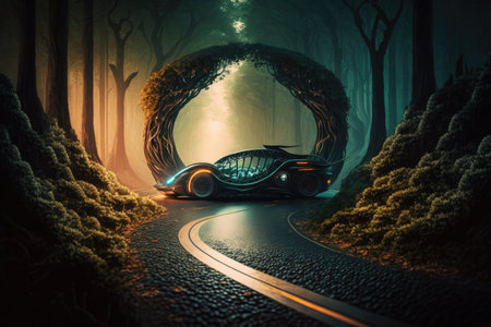 futuristic car drives through a forest on a winding road, created with generative aiの素材