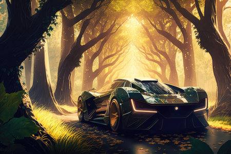 futuristic car drives past grove of towering trees, with sunlight filtering through the leaves, created with generative aiの素材