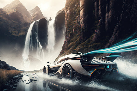 futuristic car speeding past a waterfall in the mountains, created with generative aiの素材