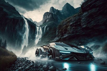 futuristic car speeding past a waterfall in the mountains, created with generative aiの素材