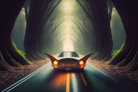 futuristic car, driving on futuristic highway through ancient forest, created with generative aiの素材