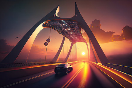 futuristic car crossing suspension bridge, with the sun setting in the background, created with generative aiの素材