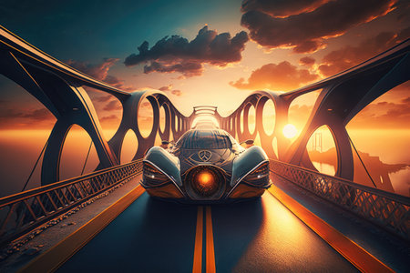 futuristic car crossing suspension bridge, with the sun setting in the background, created with generative aiの素材
