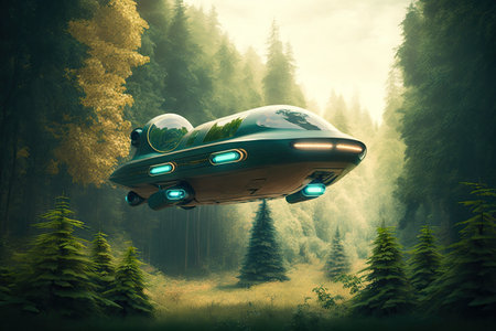 futuristic car flying above forest on a sunny day, with the trees and greenery visible in the background, created with generative aiの素材