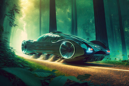 futuristic car speeding through dense forest, with trees flying past, created with generative aiの素材