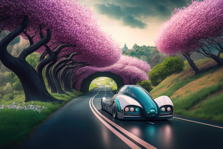 futuristic car driving past blooming cherry blossom trees on winding country road, created with generative aiの素材