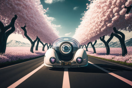 futuristic car driving past blooming cherry blossom trees on winding country road, created with generative aiの素材